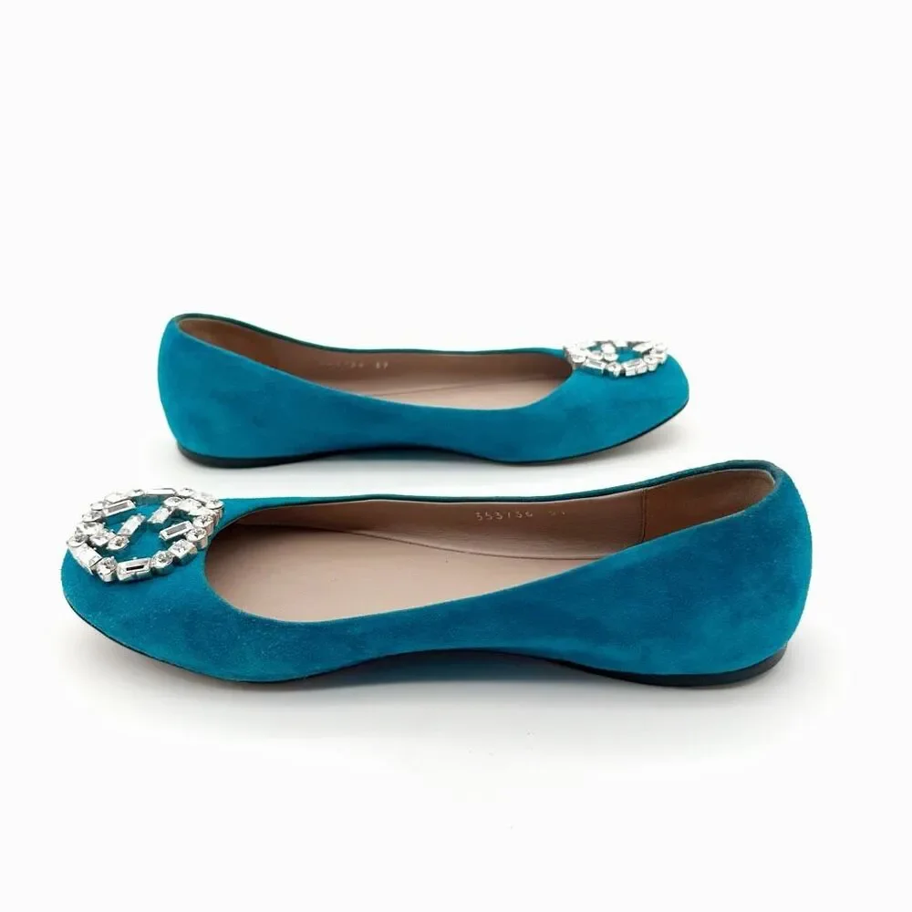 GUCCI Interlocking Crystal GG Ballet Flat Size 37 US 7 Teal Blue Suede